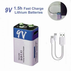 9V Rechargeable Battery Lithium 650mAh USB with Type C Cable